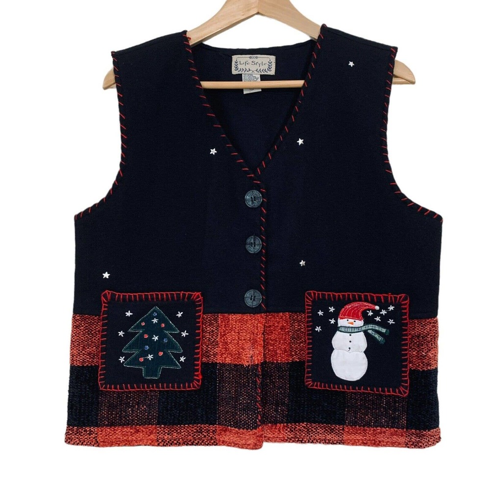 LIFE STYLE Wool Flannel Christmas Snowman Colorblock Plaid Holiday Vest Wmns M
